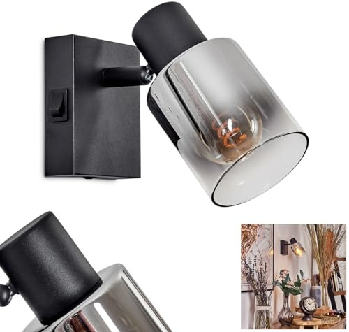 Wandleuchte Leteque, moderne Wandlampe aus Metall/Glas in Schwarz/Rauchfarben/Klar, verstellbarer Wandspot im angesagten Retro/Vintage-Design, An-/Ausschalter am Gehäuse, 1 x E14, ohne Leuchtmittel