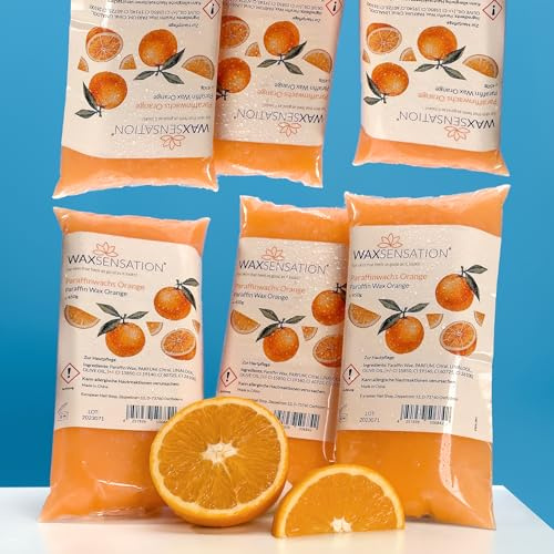 WAXSENSATION® Paraffinwachs Set Orange 6x450g – Hochwertiges Wachs zur Anwendung im Paraffinbad für Hände und Füße – ideal zur Pflege trockener Haut – veganes Paraffin-Wachs für Wachsbäder