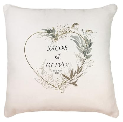 Personalised Wedding Day Cushion Pillow Gift With Silver Green Heart