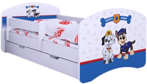 BDW Kinderbett Super Hunde - Babybett mit Matratze und Schublade - Bequem und Langlebig Rausfallschutz Bett - Kinderzimmer - Weiß (190x90)