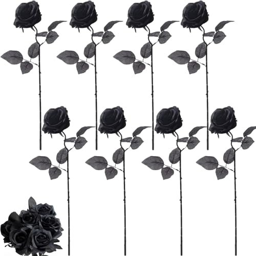8 Pieces Black Roses Artificial Flowers - 39 Cm Realistic Long Stem Silk Flowers, Single Fake Rose for Wedding, Home Party, Hotel Garden Decoration and Bridal Bouquet