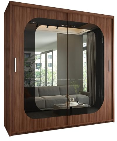 FURNITUREWAVE Minosa Sliding Mirror Doors Wardrobe For Modern Bedroom Furniture Cupboard with Space Saving Shelves and Hanging Rails (Walnut/Black, 150cm)