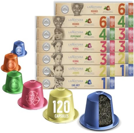La Natura Lifestyle Lot de 120 capsules de thé, compatibles avec les machines à capsules Nespresso®³, 100% recyclable, infusion aux herbes, thé à la menthe poivrée, thé au jasmin, thé Rooibos