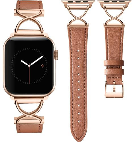 CeMiKa Bracelet en cuir fin compatible avec Apple Watch - 41 mm, 40 mm, 38 mm, 42 mm, pour femme - Bracelet fin en cuir véritable avec métal en forme de X pour iWatch séries 10, 9, 8, 7, 6, 5, 4, 3, 2