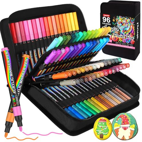 Lyuvie Acrylstifte für Steine Wasserfest,96 Farben 3mm Medium Tip Acrylmarker Permanent Acrylic Paint Marker für Rock Malerei Stoff Kunststoff Glas Kieselsteine Stein Metall Holz Keramik