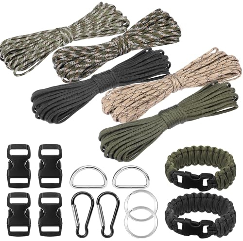 15 Piezas Paracord Pulsera Kits, 5 Rollos x 33ft/10m Paracord 4mm, Cuerda Nylon con Hebillas, Mosquetones, Llaveros y Hebilla D para Manualidades Pulsera, Acampar al Aire Libre