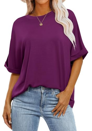 Cuptacc Tshirt Damen Sommer Oversize Tunika Rundhals Kurzarm Basic | Gerollte Manschetten,Locker Geschnitten,Lässig Alltagstauglich,Urlaub und Zuhause,Leicht Angenehm zu Tragen