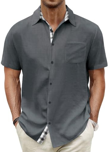 HMIYA Herren Kurzarm Hemd 100% Baumwolle Button Down Freizeithemden Sommer Strand Regular Fit Shirt,Dunkelgrau,3XL