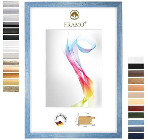 FRAMO Holz Bilderrahmen 37,5 x 98 cm (Bildmaß) in Hell-Blau gewischt | Größe wählbar | Rahmen für Poster | Puzzle | Foto collage | Maßanfertigung | Fotorahmen nach maß