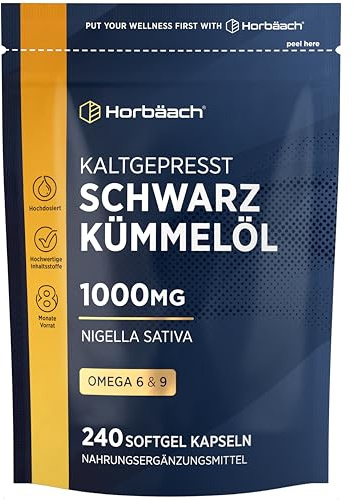Olio di Cumino Nero Capsule | Spremuto a freddo | 1000mg per Capsula | Scorta di 8 mesi - 240 capsule | Omega 6 9 | Nigella Sativa | Olio di semi neri | Horbaach