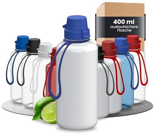 Trinkflasche Kinder 'School' 400 ml - bruchsichere Tritan Wasserflasche inkl. Strap - BPA-frei, auslaufsicher, spülmaschinenfest - ideal für Kindergarten, Schule und Sport, Farbe:weiß/blau