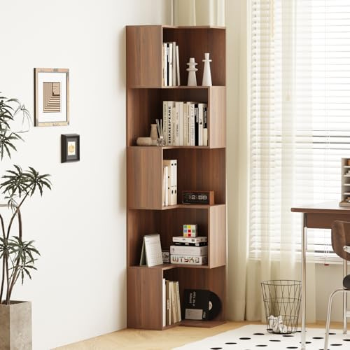 Homullel Tall Corner Bookcase, 5-Tier Wood Corner Bookshelf, L-Shaped Storage Display Rack, 180cm Free Standing Corner Shelf for Living Room Bedroom Home Office, Walnut