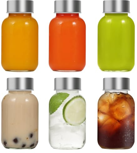 LIMILI Glass Bottles with Lids, Water Bottles with Stainless Steel Lids, Leak Proof Reusable for Hot Cold Drinks Work Gym Home (6pcs 150ML)