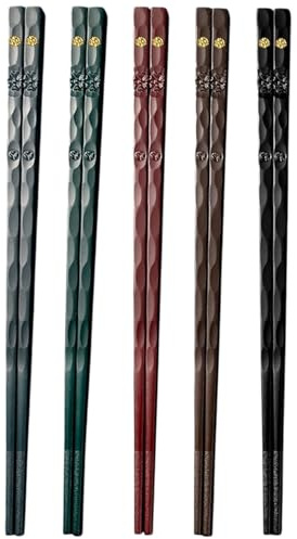 KEMUZ Palillos Chinos de Fibra de Vidrio 5 Pares - Diseño Antideslizante con Grabado Oriental, Apto Lavavajillas 200°C, Set Regalo para Sushi/Restaurantes/Casa (Estilo Clásico Oscuro)