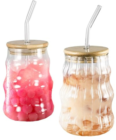 Henrrida Glass Tumblers with Lids and Straws,530 ml Iced Coffee Glass, Transparent Ribbed Iced Coffee Cup, Suitable for Smoothie Whiskey Beer,Soda Water,Tea, Various Beverages