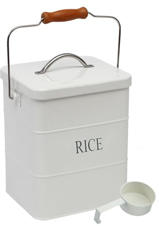 ZoeQide Contenitore Riso 4,5 kg in Metallo Bianco con Coperchio e Maniglia | Barattolo riso rettangolare con chiusura a torsione, adatto a cereali e alimenti secchi per dispensa, scaffale o piano cucina