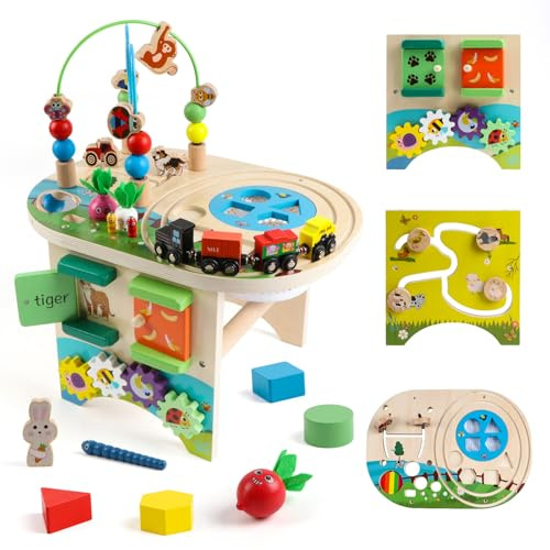 KABENFIS Holztisch mit Perlen Labyrinth Train Track Lernspielzeug für Jungen und Mädchen