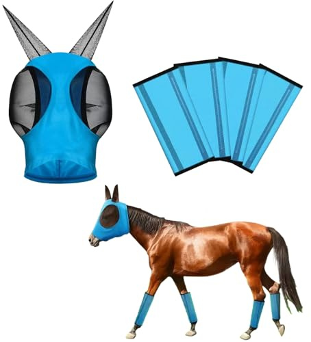 ZFFOZZ Fliegenschutzmaske und Beinwickel-Set für Pferde: Reitausrüstung mit Kopfschutz, Beinschützern und Pferdeschutz-Zubehör
