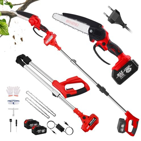 2-in-1 Cordless Pole Saw & Mini Chainsaw, 8-inch Electric Saw Brushless with 2 * 3000mAh Battery and a Charger,No Install & Foldable,1.8m Handheld Polesaw for Tree Trimming, Wood Cutting