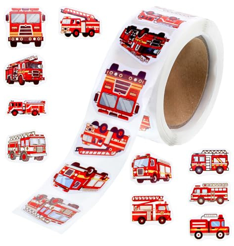 LXUEJIE 500 Stück Feuerwehrauto Aufkleberrolle Selbstklebend, Feuerwehr Geschenke Feuerwehrauto Aufkleber Cartoon Wasserfest Feuerwehr Sticker für Partygeschenke DIY Basteln Belohnungsanreize