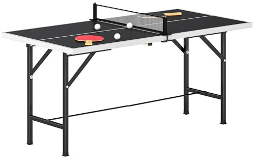 SPORTNOW Mini Mesa de Ping Pong Plegable 152x76x70 cm, Mesa de Ping Pong Exterior con Red, 2 Raquetas y 3 Pelotas, Fácil de Transportar, Estable, para Interior y Exterior, Negro
