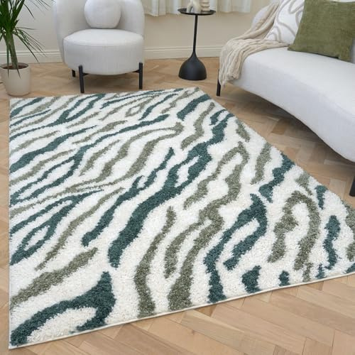 THE RUGS Soft Shaggy Area Rug – Modern Patterned Carpet for Living Room & Bedroom, Extra Plush, Easy to Clean, Zebra Pattern Design (80x150 cm, Forest & Sage Green)