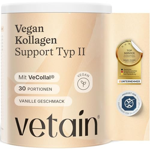 VETAIN Vegan Kollagen Pulver Typ 2 - Mit VeCollal®, Vitamin C, Kurkuma, Zink & Biotin - Für Knochen & Gelenke - Kölner Liste zertifiziert - Ohne Zuckerzusatz - Vanillegeschmack - 300g