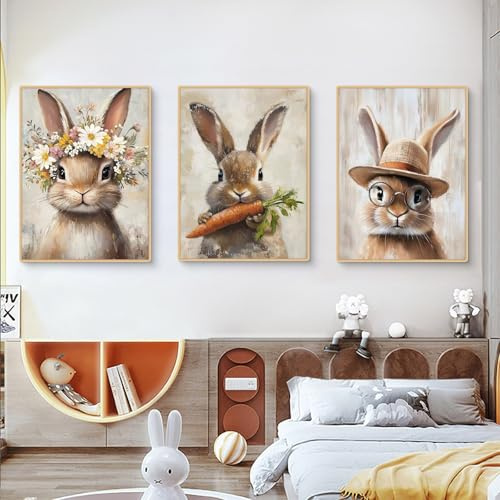 TROYSINC 3er Premium Ostern Kaninchen Leinwand Poster Set,Tiere Hase Osterhase Blumen Karotte Kinderposter,Wandbilder Deko für Kinderzimmer Babyzimmer Mädchen Jungen, Ohne Bilderrahmen (30x40cm)