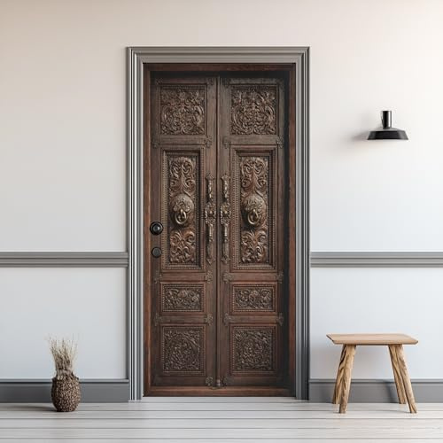 Antike Holztür Türaufkleber, Mittelalterlichen Geschnitzt Tür Türtapete Selbstklebend, Innentür Türfolie TürPoster PVC Wasserdicht Abnehmbar für Wohnzimmer Schlafzimmer Bad 86x200cm So904