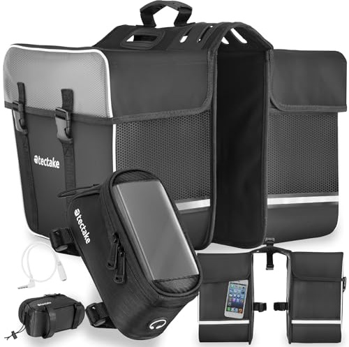 tectake® Fahrrad Taschen Set, 20,5 x 9,5 x 10 cm, Fahrradtasche mit 2 Fächern + Rahmentasche inkl. Touch Handytasche, mit Schnallenverschluss, Griff u. Reflektor, Spannseilsicherung - schwarz