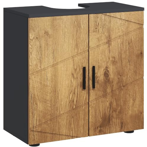 kleankin Mobile Sottolavabo per Bagno con Armadietto 2 Ante Rovere | Mobiletto Sottolavabo, Intaglio a U, Ante Soft Close, Mensola Regolabile, per Lavabi con o Senza Colonna