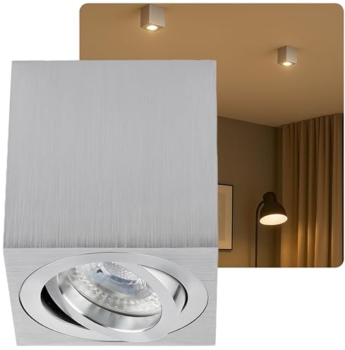 Sweet Led Aufbaustrahler GU10 dimmbar aus Aluminium - Deckenspots 7W 3000K Strahler warmweiß 230V - Aufbauspot in Eckig - Deckenleuchte alu gebürstet – Aufputz Spot schwenkbar