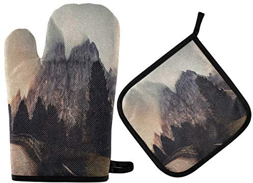 TropicalLife LUCKYEAH Cloud Coníferas Árbol Montaña Manopla de Horno y Soportes para ollas, Alfombrilla de Agarre Resistente al Calor, Guantes Acolchados para Horno para cocinar, Barbacoa, c