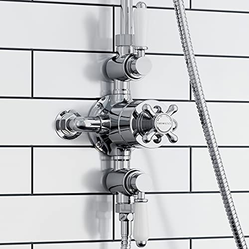 ENKI, Downton, T86, Double Shower Unit Outlet, Triple Thermostatic Shower Valve, White & Chrome Shower Tap Attachment for Bathroom Shower, Classic Shower Valve Style | Solid Brass, 10-Year Guarantee, Wall Mounted, Modern Bathroom, Brass Body
