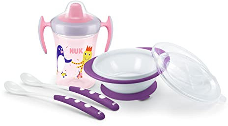 NUK Learn To Eat Set | Trainer Cup Tazza Biberon (230 Ml) | Piattino E Cucchiaini Per La Pappa | 6+ Mesi | Senza Bpa | Viola | 4 Pezzi, Pinguino (viola)