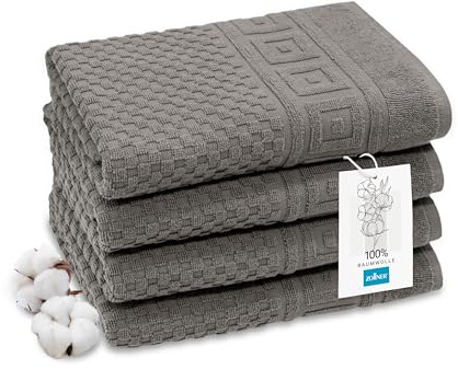 ZOLLNER 4er Set Handtücher in 50x100 cm - weiches und saugstarkes Waffelmuster in grau - mit Aufhänger - waschbar bis 60°C - Baumwolle - Hotelqualität - Oeko Tex® Zertifiziert