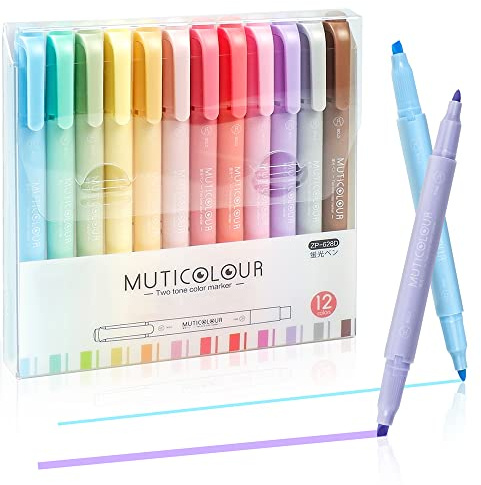 EooUooIP Textmarker Pastell, 12 Stück Doppelspitzen Textmarker und Marker, Verschiedene milde Farben, Schulbüro Schreibwaren, Bullet Journal Zubehör