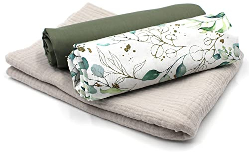 VmG-Store Musselin + Baumwollstoff Set farblich abgestimmt Double Gauze Stoff 100% Baumwollstoff Tex Standard 100 (Set02 Eukalyptus 2)