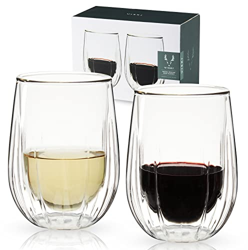 Viski Insulated Double Walled Stemless Wine Glasses, Drinking Glass with Cut Crystal Design, Home Bar Accessories, Glassware, 13 oz, Set of 2, Clear