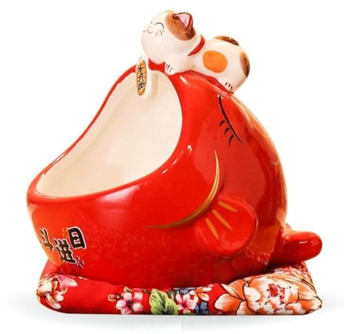 EatingBiting 6.5 Japanese Ceramics Maneki Neko Cat Fish Big Mouth Ornament Collectible Figurine Big Mouth Fish carp Storage Box Decoration Ornamental Art Sculpture Home Decor Decorative Beckoning