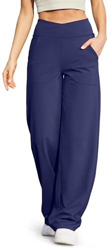 G4Free yogabyxor, dam, breda joggingbyxor, långa crossover elegant magkontroll, raka ben, stretch, vida ben, utsvängda byxor, lösa raka sportbyxor med fickor, Marinblå, M petite