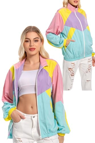 MASSWO 80s Windbreaker Jacket for Women, Retro Color Block Casual Coat Neon Long Sleeve Outerwear