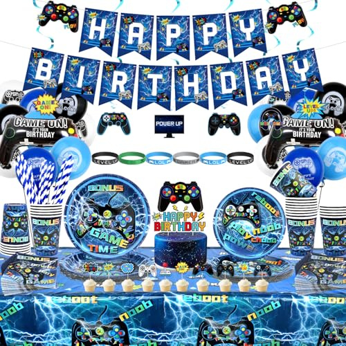 Gamer Geburtstags Deko- Enthalten HAPPY BIRTHDAY Banner ,Teller, Tassen, Servietten, Tischdecke, Silikonarmband, Gaming Controller, für Kinder Jungen Geburtstags Deko 20 Personen