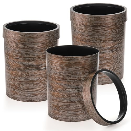 Noamus 3 Pack Vintage Small Trash Can, 1.7 Gallon Plastic Round Wastebasket, Hipsteen Retro Style Garbage Can, Wood Grain Garbage Bin with Top Ring to Fix Bag for Home Kitchen Office Bathroom