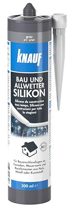 Knauf Bau & Allwetter Silikon zum Abdichten von Fugen im Innen- und Außen-Bereich – Allwetter-Silicon, Dicht-Masse für Fenster, Türen und Fassaden, 300-ml, grau
