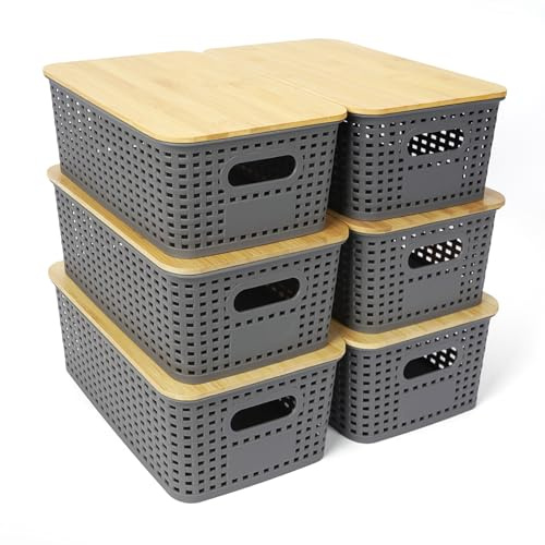 UHAPEER Aufbewahrungsbox mit BambusDeckel,Aufbewahrungsbehälter Kunststoffkörbe mit Griff für Regale, Schubladen, Schreibtisch (Grau)