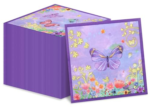 Schmetterlingsservietten, 33 x 33 cm, violette Servietten, Frühlingsblumen, Party-Servietten, Feen-Tischdekoration, Blumen-Serviette für Hochzeit, Blumen, Frühling, Schmetterling