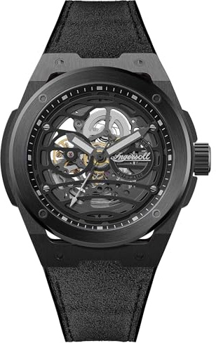 Ingersoll The Springfield 48 mm Automatic Herrenuhr mit schwarzem Skelettziffernblatt und schwarzem PU-Alcantara Armband
