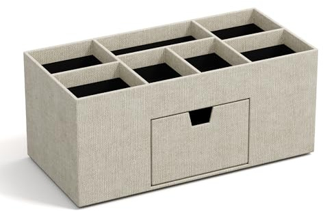 BIGSO VENDELA Schreibtisch Organizer mit 7 Fächern und Schublade – Ablagebox aus Faserplatte und Papier in Leinenoptik – Schreibtischset für Büromaterial – beige