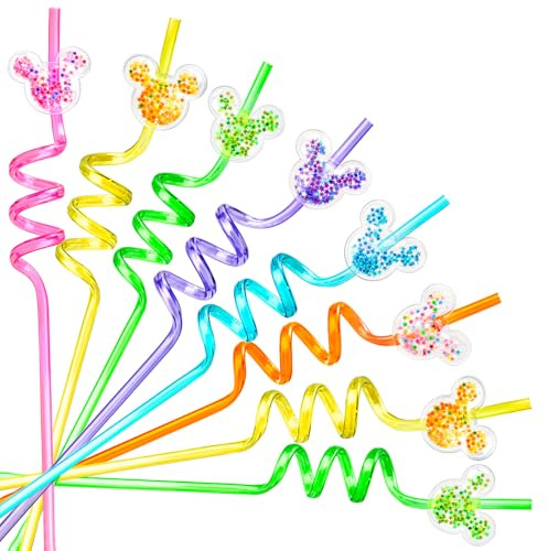 12 PCS Glitter Mouse Ear Straws, Reusable Spiral Crazy Straws | Straw with Cute Sparkle Ears, Fun Birthday Party Favors for Boys Girls, Cartoon Theme Party Supplies Decorations